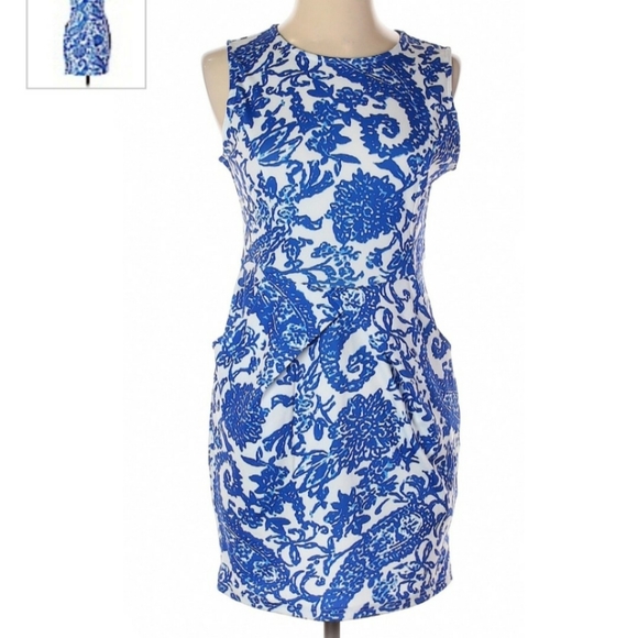 Blue White Tribal Porcelain Print Dress Pockets - Picture 8 of 9